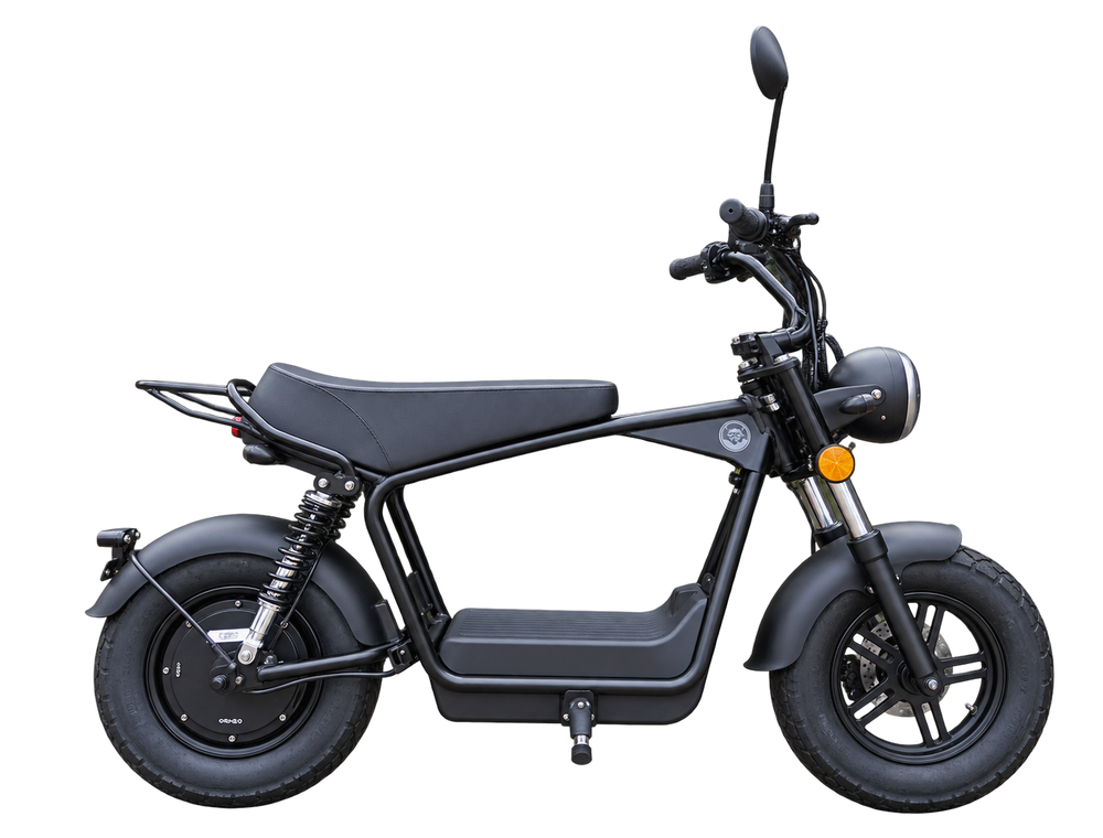 Elektrische mini E-Moped in mat zwart, zijaanzicht