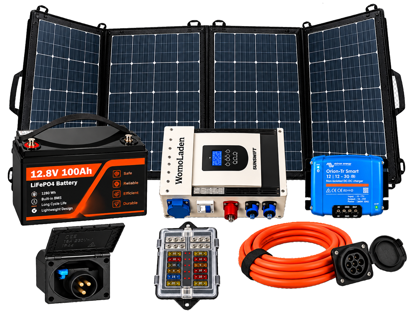 RoadPower onderdelen in beeld: accu, zonnepanelen, omvormer, laadbooster, CEE-laadcontact, zekeringkast en laadkabel